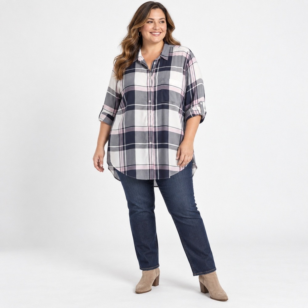 Cato Woman 22/24W Pink Navy Plaid Button Front Tunic Roll Tab Sleeves